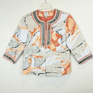 CHICO'S Womens Sz M Jacket Metal Embellished Beige Orange 100% Cotton 3/4 Sleeve